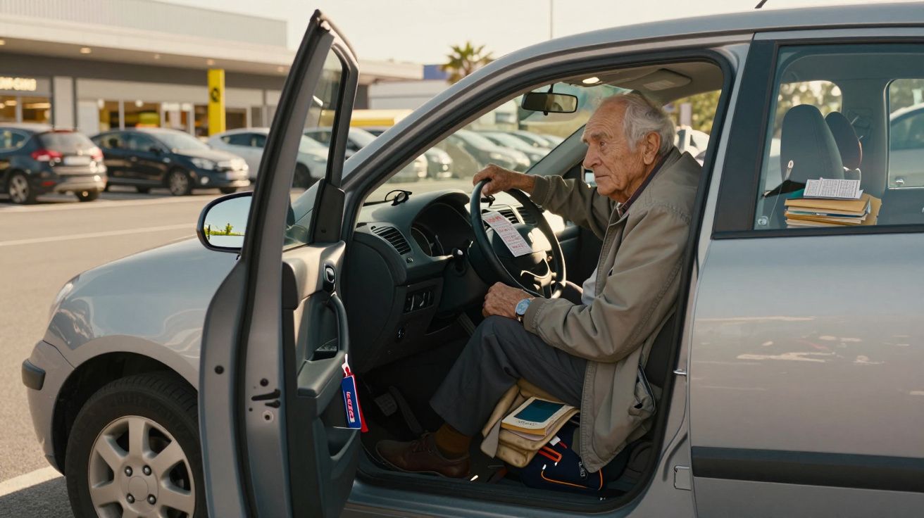 Idoso sentado ao volante de um carro com a porta aberta num parque de estacionamento.
