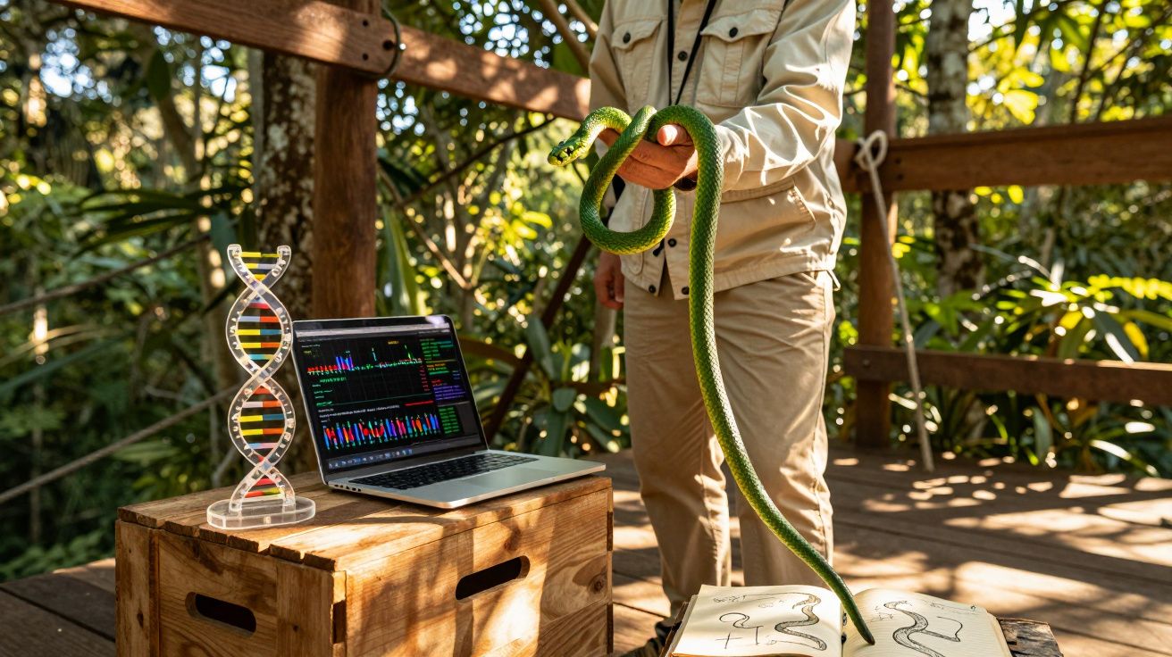 Pessoa a segurar cobra verde junto a computador com análise genética e modelo de dupla hélice em ambiente florestal.