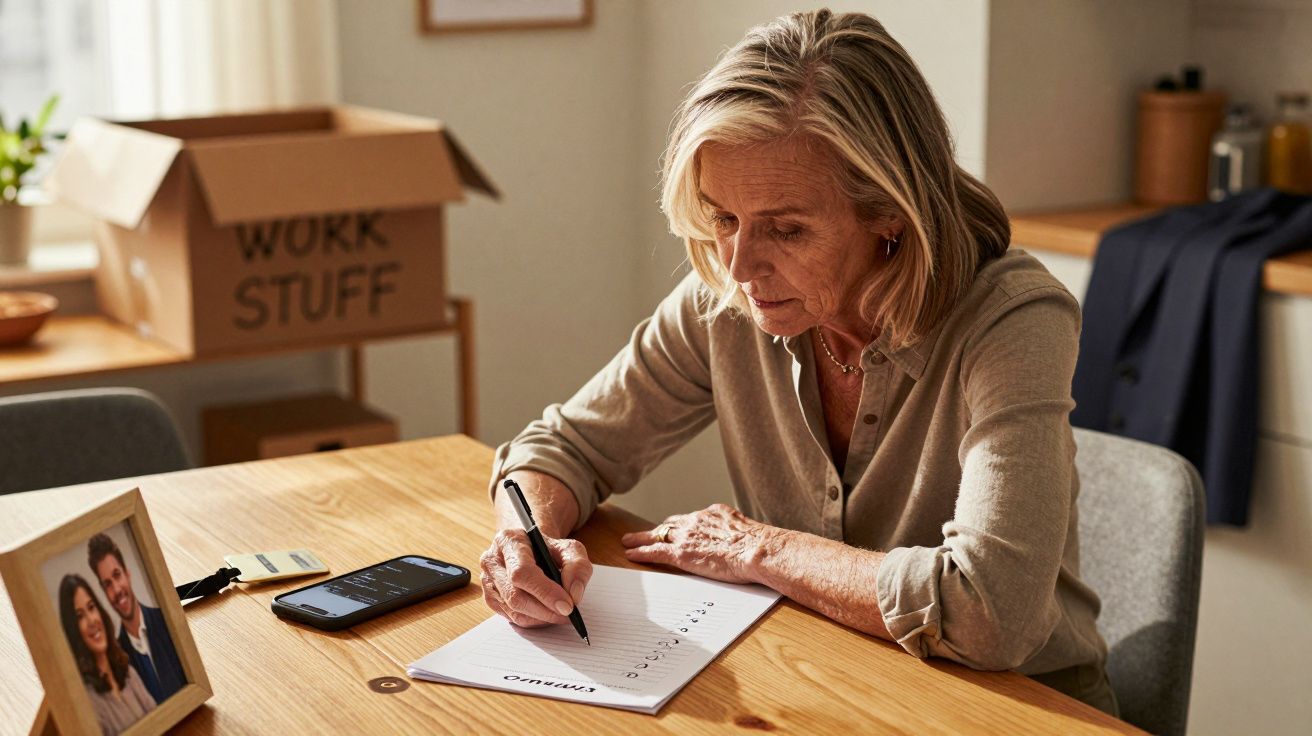 Mulher idosa sentada a uma mesa, a fazer uma lista numa folha de papel, com caixa de arrumação ao fundo.