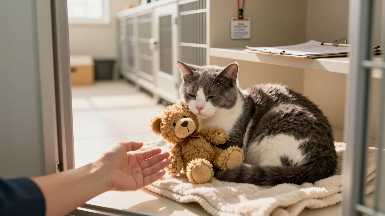 Gato cinza e branco deitado numa manta com urso de peluche num ambiente fechadode escritório.