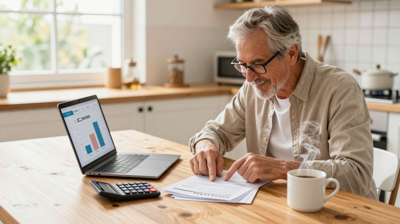 Homem sénior a analisar documentos financeiros numa mesa com laptop, calculadora e chá quente numa cozinha.