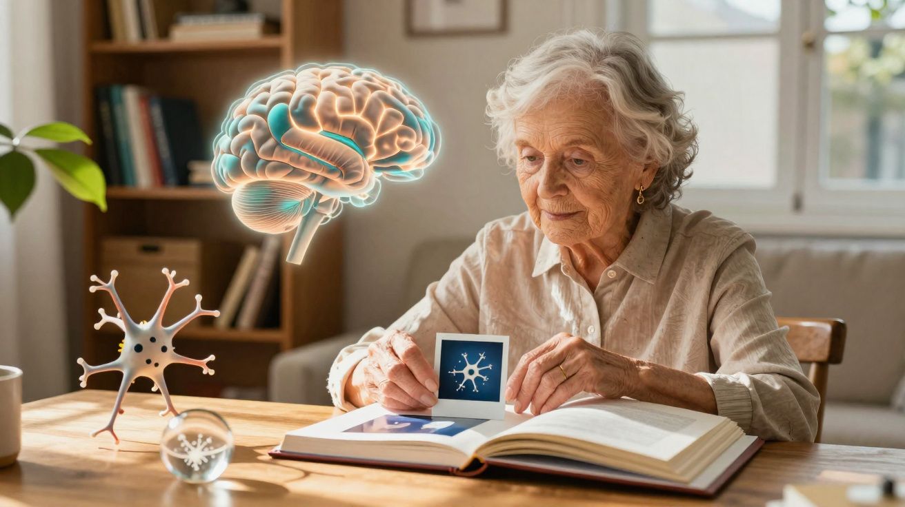 Idosa sentada a estudar com livro aberto, segurando imagem de neurónio, com cérebro e neurónio flutuantes à sua frente.