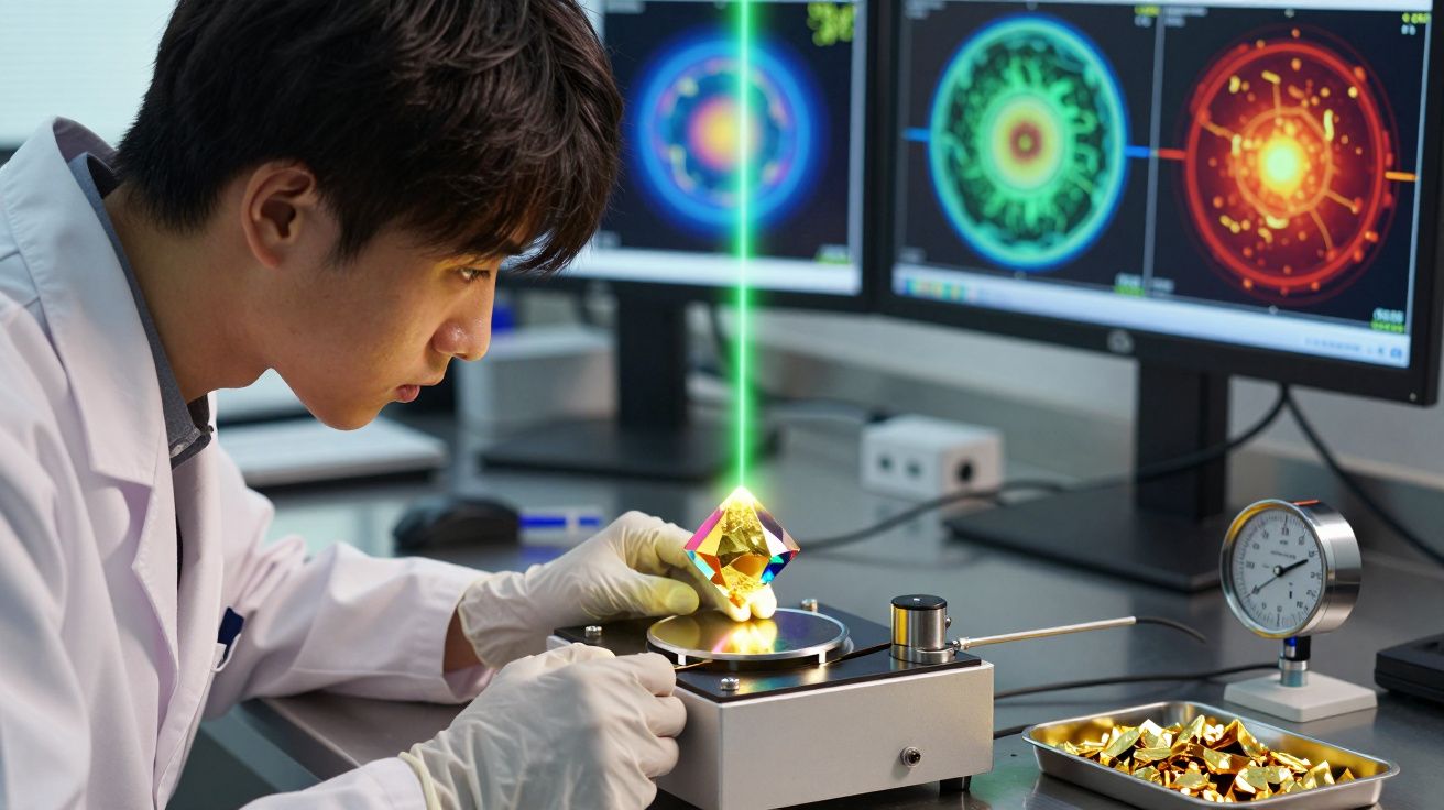 Cientista observa cristal enquanto laser verde incide em equipamento de alta tecnologia no laboratório.
