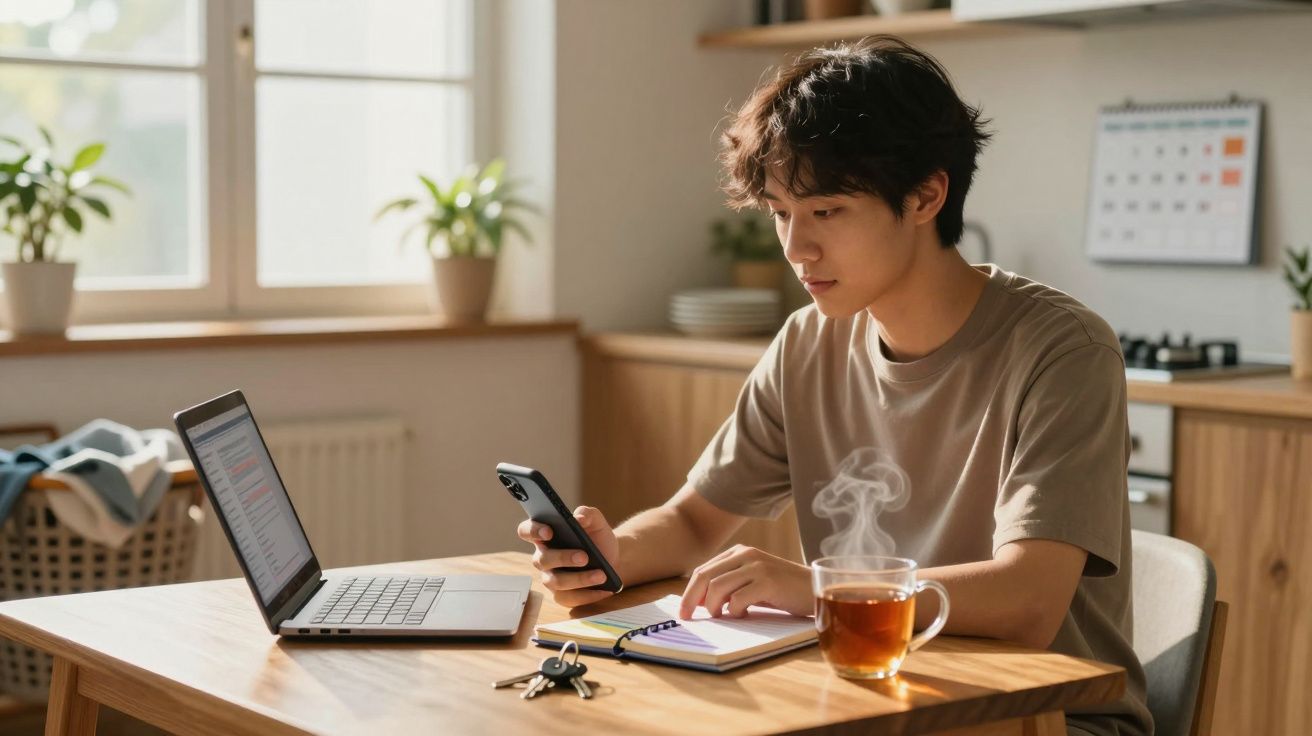 Jovem sentado à mesa, a olhar para o telemóvel, com portátil, chá e caderno numa cozinha iluminada.