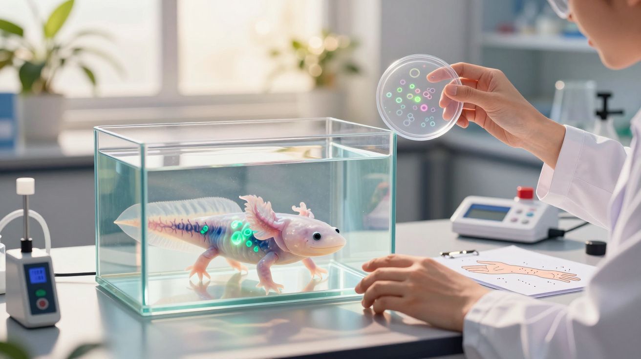 Cientista analisa petri com amostras junto a aquário com axolote, em laboratório moderno iluminado.