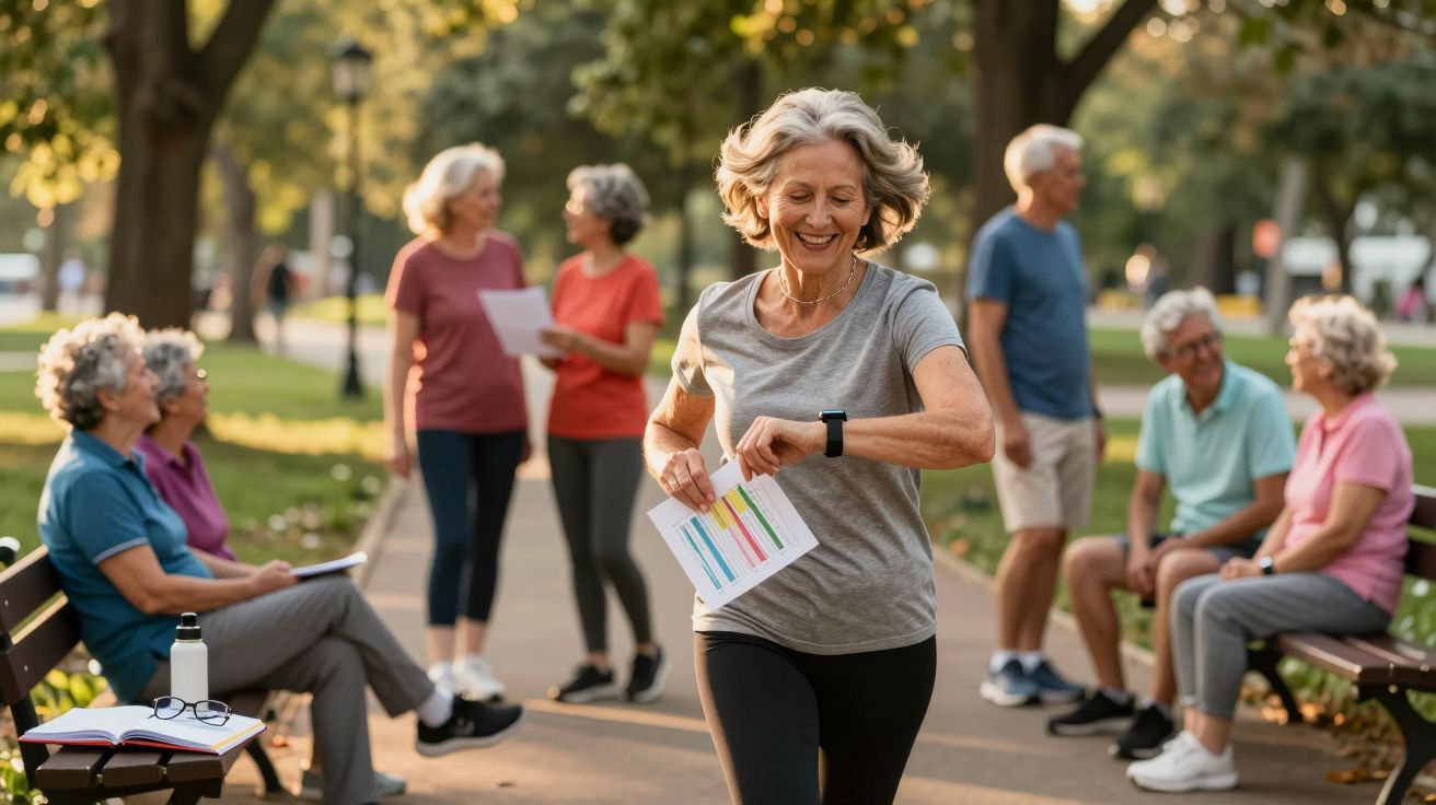 Mulher sénior a correr num parque com gráfcos e grupo de pessoas idosas a conversar ao fundo.