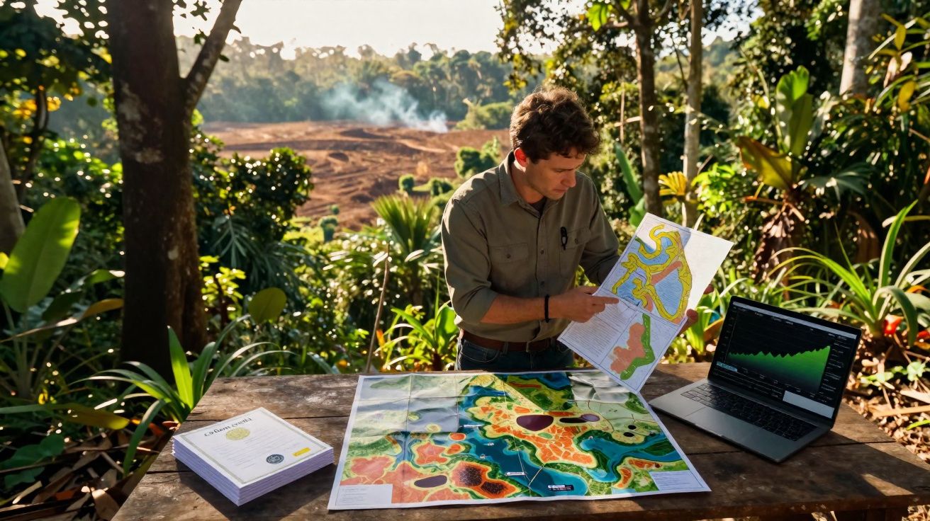 Homem analisa mapas topográficos num ambiente natural com laptop e livros sobre mesa de madeira.