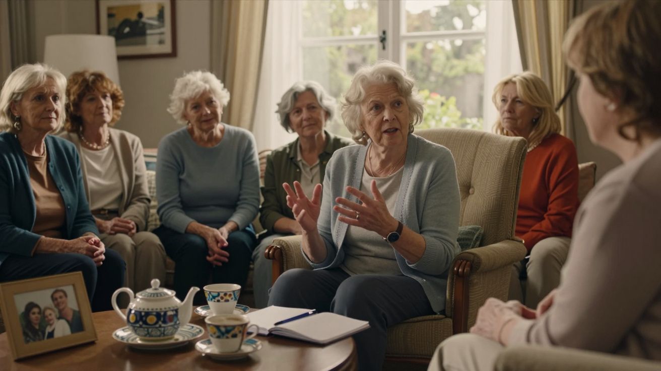 Grupo de mulheres idosas sentadas numa sala, participando numa conversa animada em torno de uma mesa com chá.