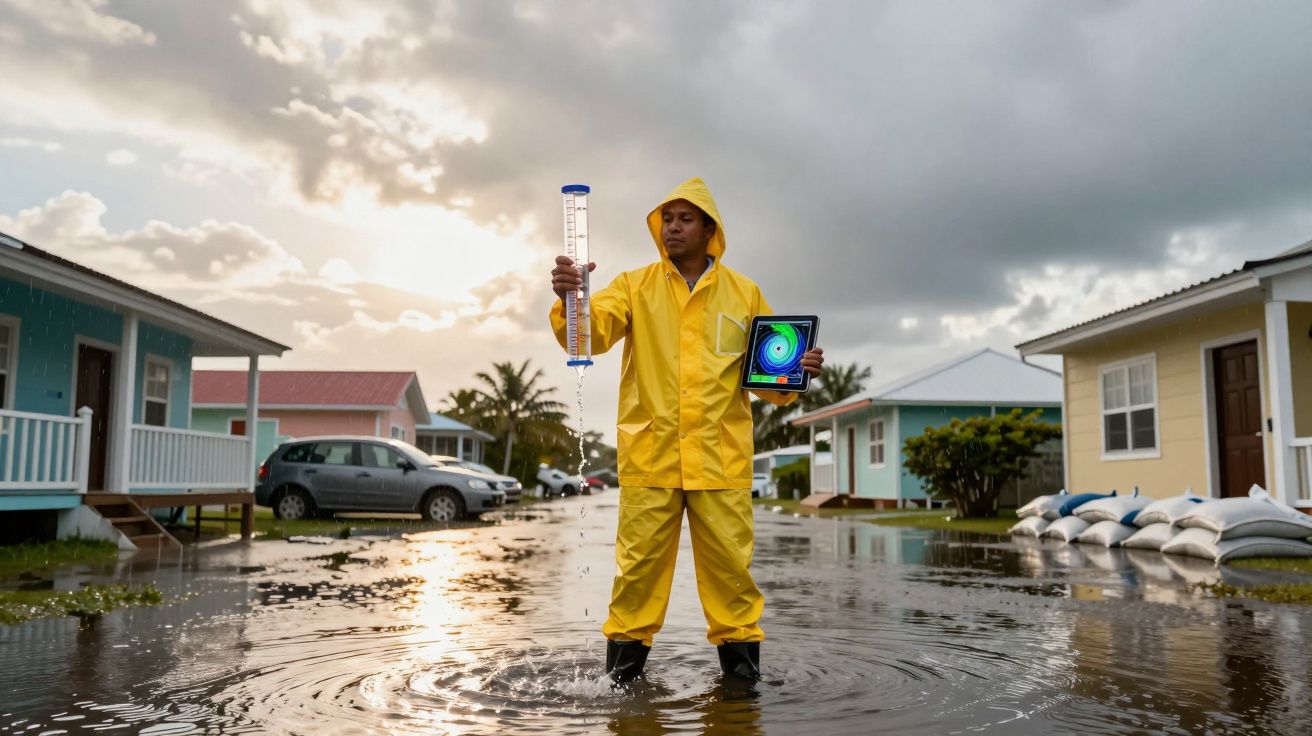 Pessoa com roupa impermeável amarela mede precipitação numa área inundada, segurando tablet com imagem de furacão.