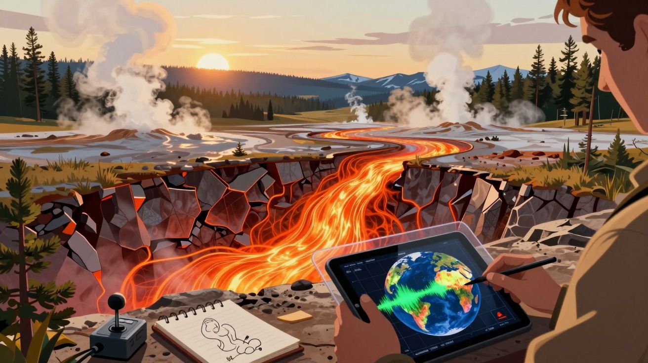 Pessoa a estudar erupção vulcânica com lava, usando tablet com mapa sísmico, paisagem com árvores e montanhas ao fundo.