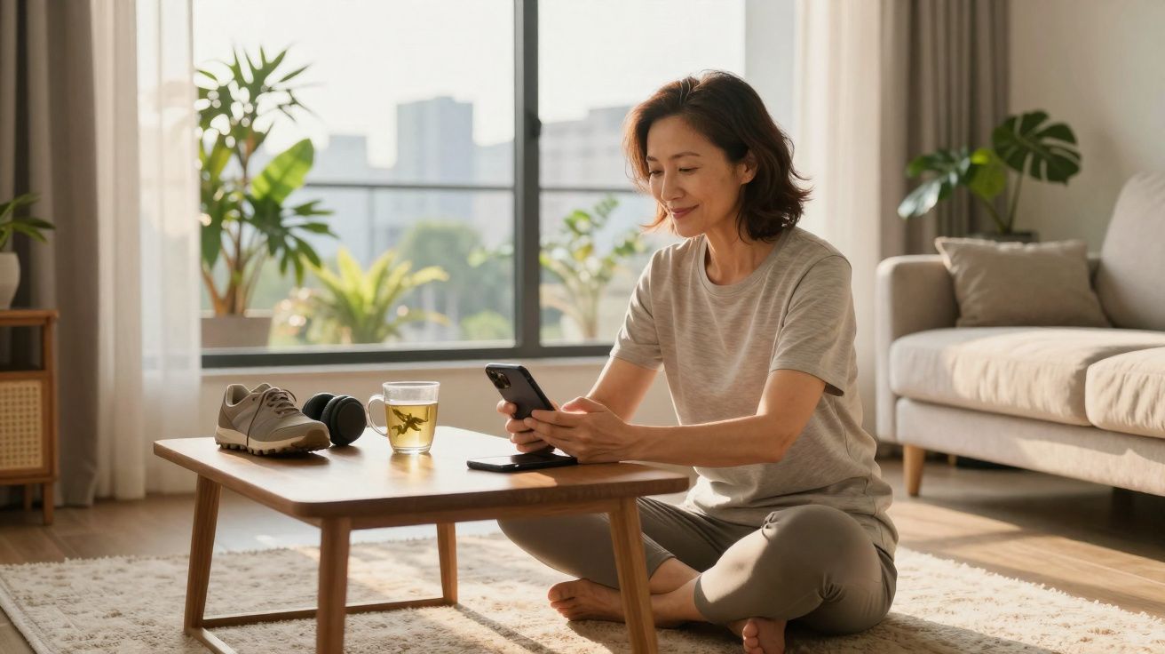 Mulher sentada no chão da sala, sorrindo e a usar telemóvel junto a uma mesa com chá e auscultadores.