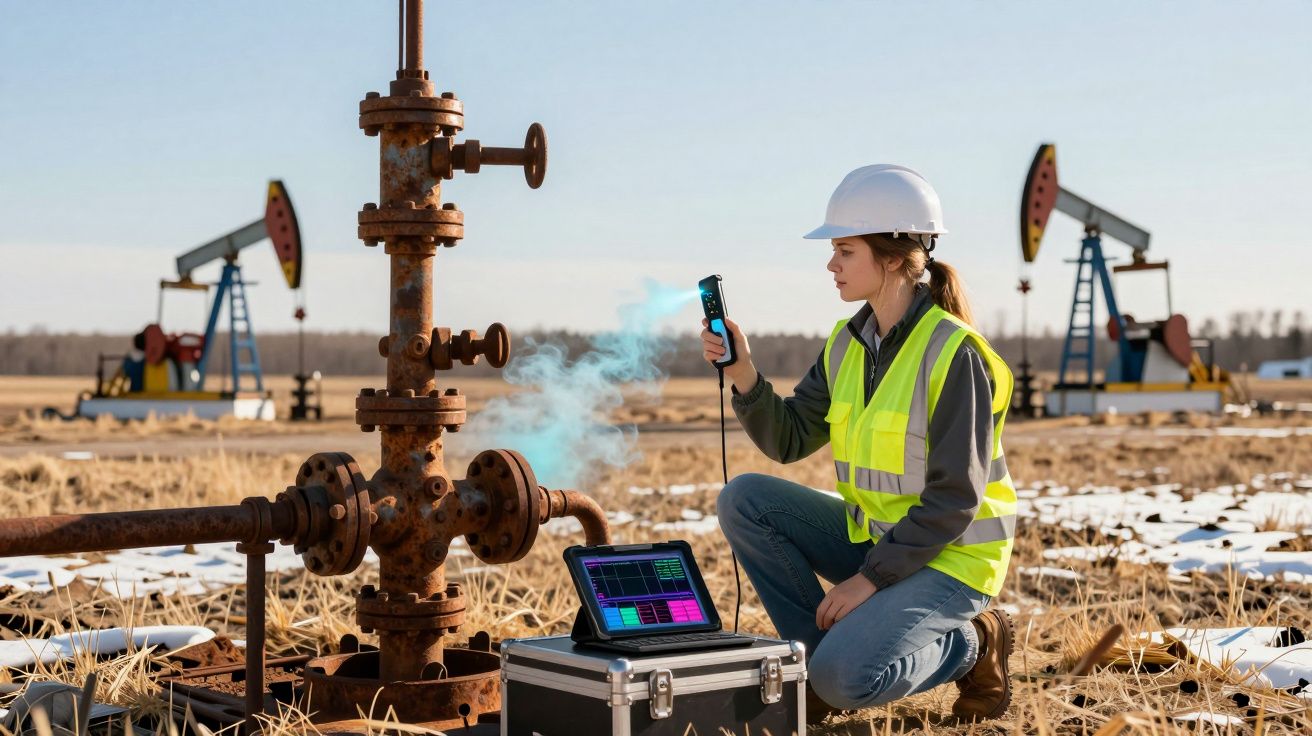 Engenheira com colete e capacete inspeciona fuga de gás em equipamento de petróleo num campo aberto.