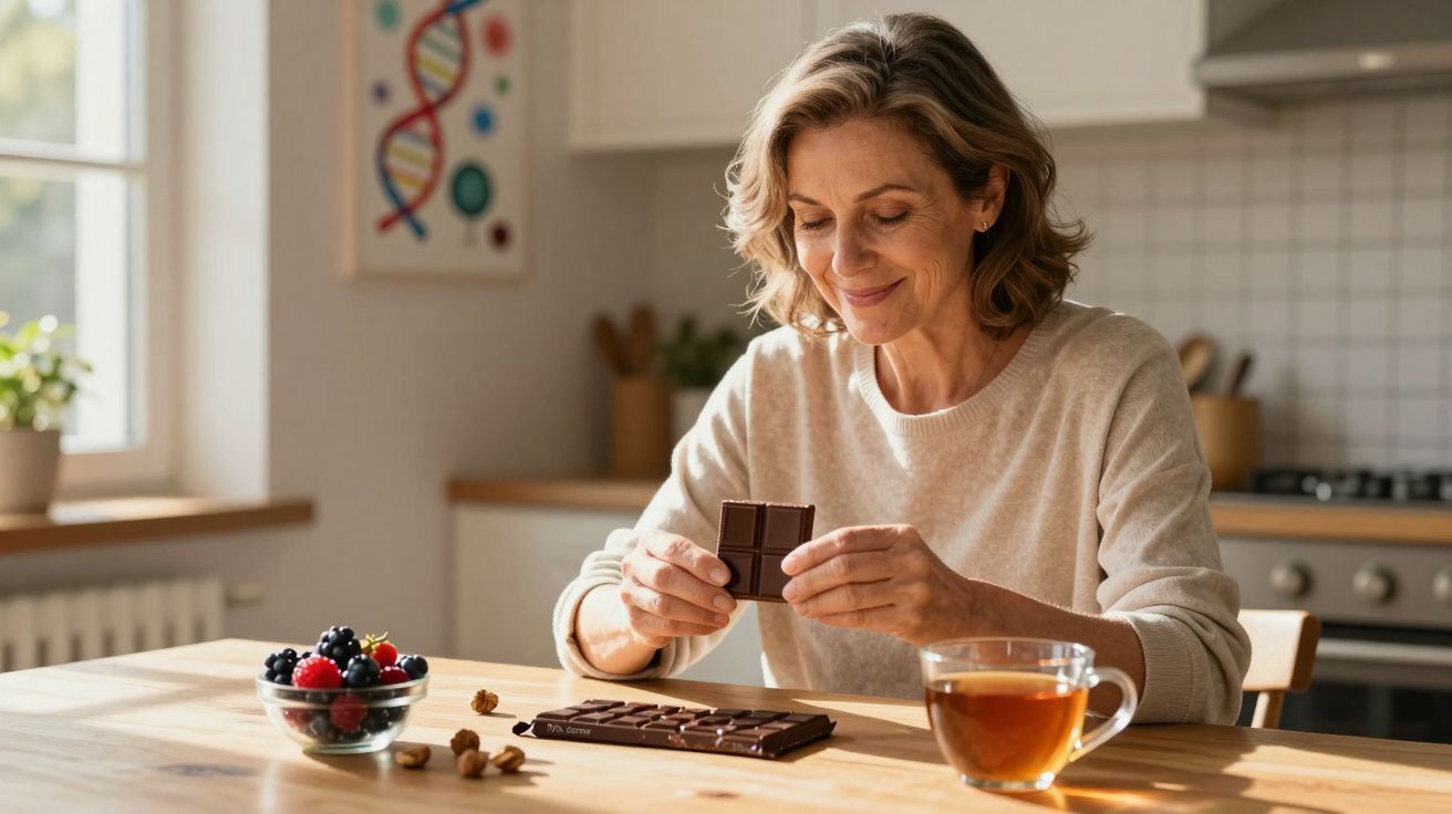 Mulher sorridente a partir uma barra de chocolate numa cozinha com chá e frutos vermelhos na mesa.