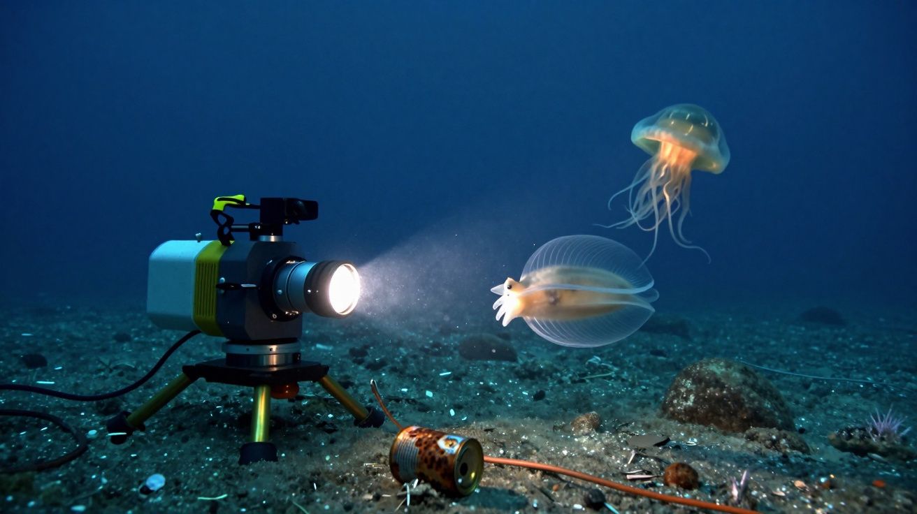 Câmara subaquática iluminada grava duas águas-vivas transparentes no fundo do mar com restos no sedimento.