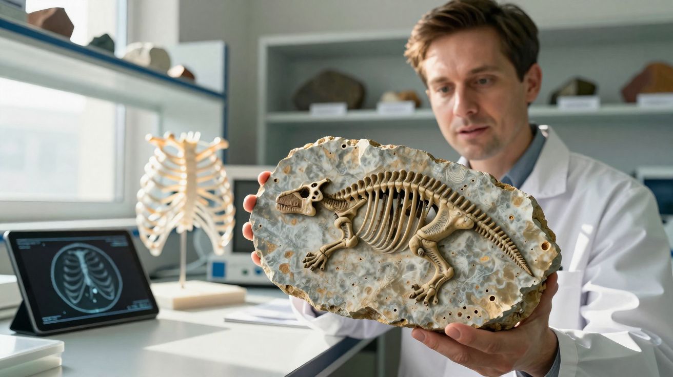Cientista a analisar fóssil de esqueleto de dinossauro numa placa de pedra num laboratório.