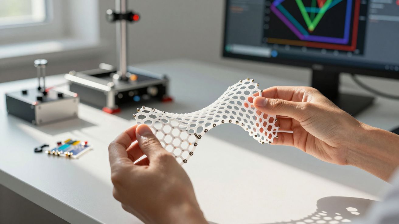 Mãos seguram estrutura flexível com padrão hexagonal, com computador e equipamentos eletrónicos ao fundo.