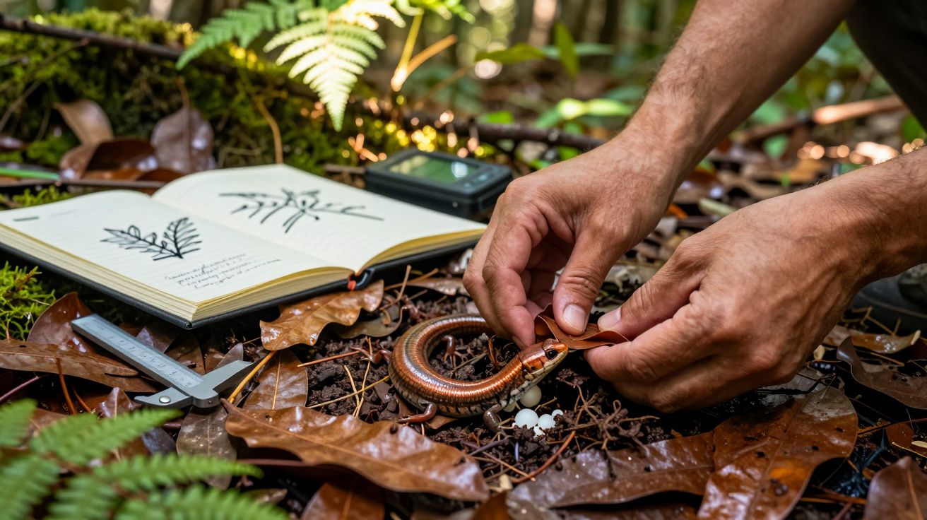 Mãos de investigador a examinar uma salamandra e ovos no chão da floresta com caderno de plantas ao fundo.