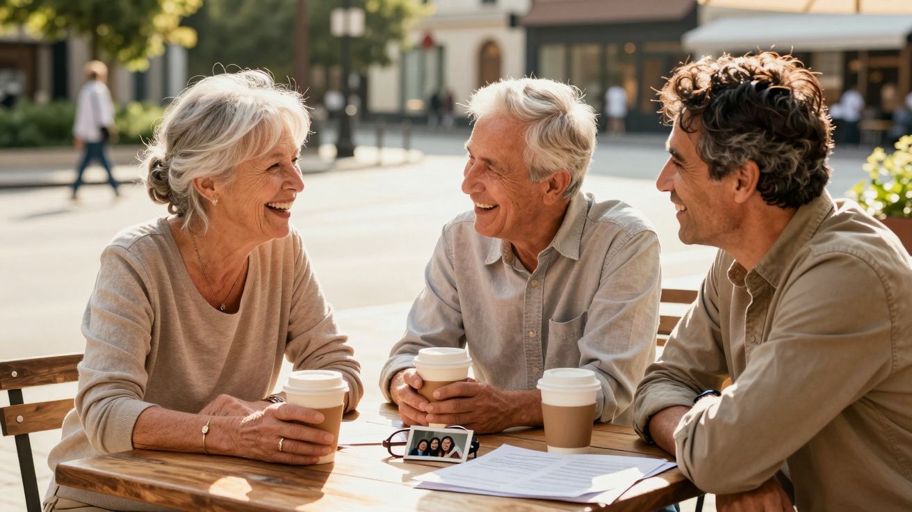 Três adultos sorridentes sentados numa esplanada a beber café e a falar, com uma videochamada no telemóvel à sua frente.