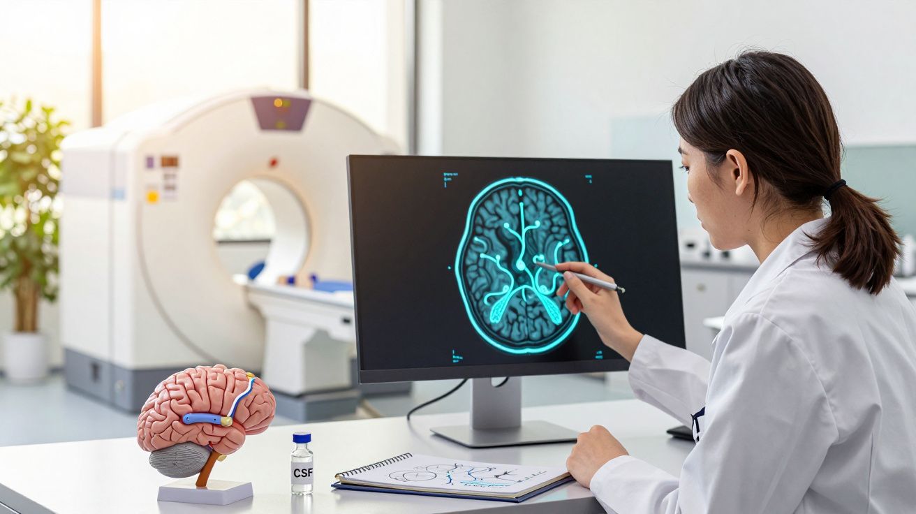 Médica analisa imagem de cérebro num ecrã com máquina de ressonância magnética ao fundo.