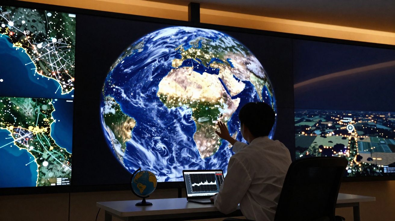 Pessoa sentada em frente a ecrã gigante com imagem da Terra e gráficos interativos, com globo terrestre na mesa.