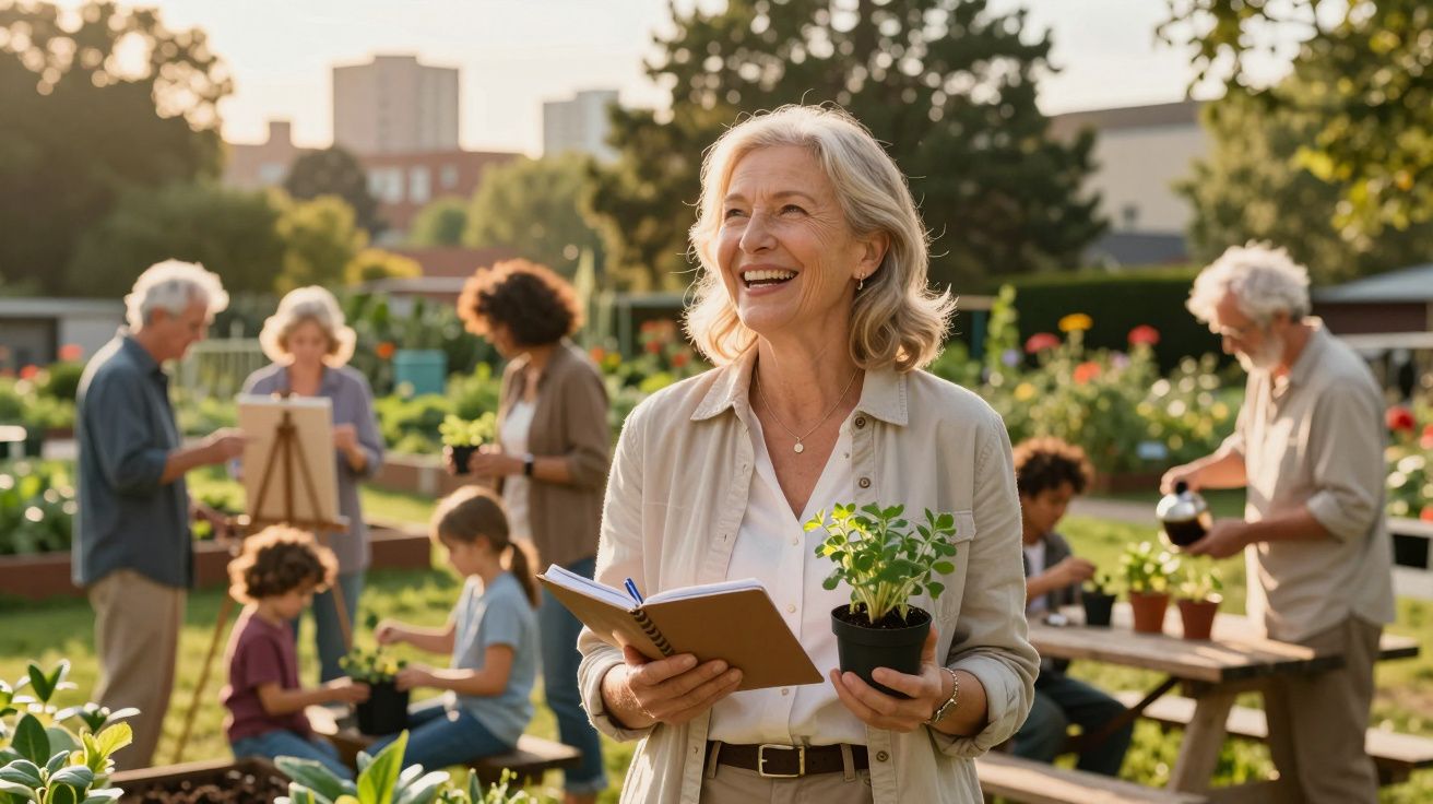 Mulher sénior sorridente segura planta e caderno em horta comunitária com grupo diverso ao fundo.