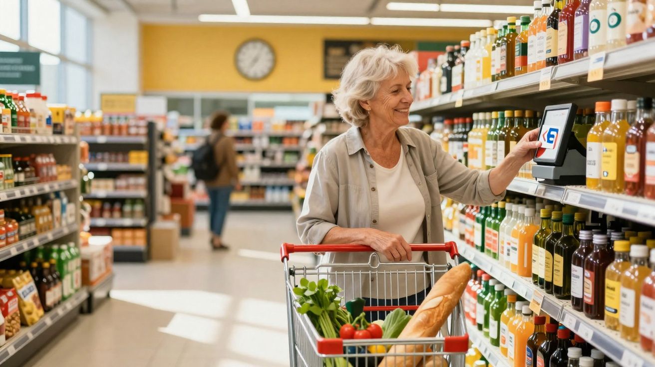 Mulher sénior feliz a fazer scan de código num supermercado, carrinho com legumes frescos e pão baguete.