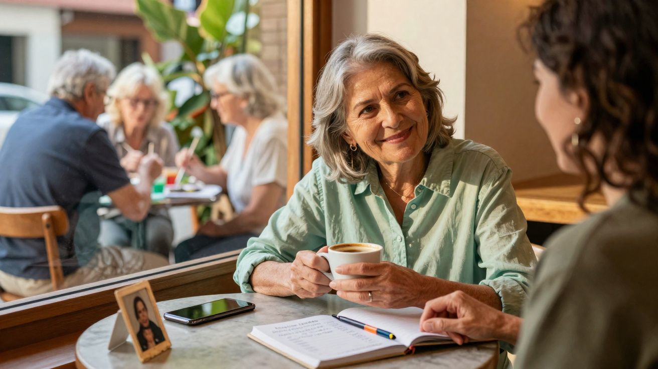 Duas mulheres sentadas numa mesa de café, uma delas segura uma chávena e sorri para a outra.