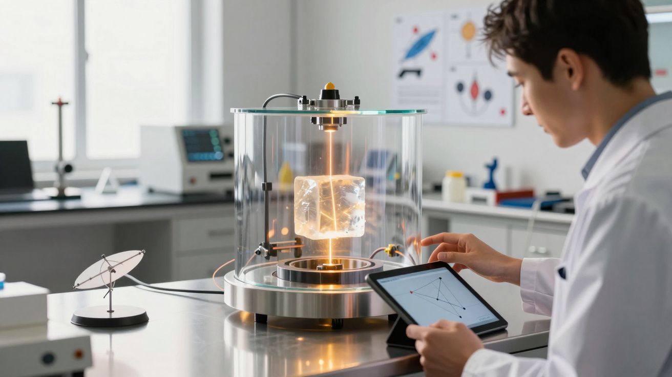 Cientista a controlar experimento com cubo luminoso flutuante num laboratório moderno.