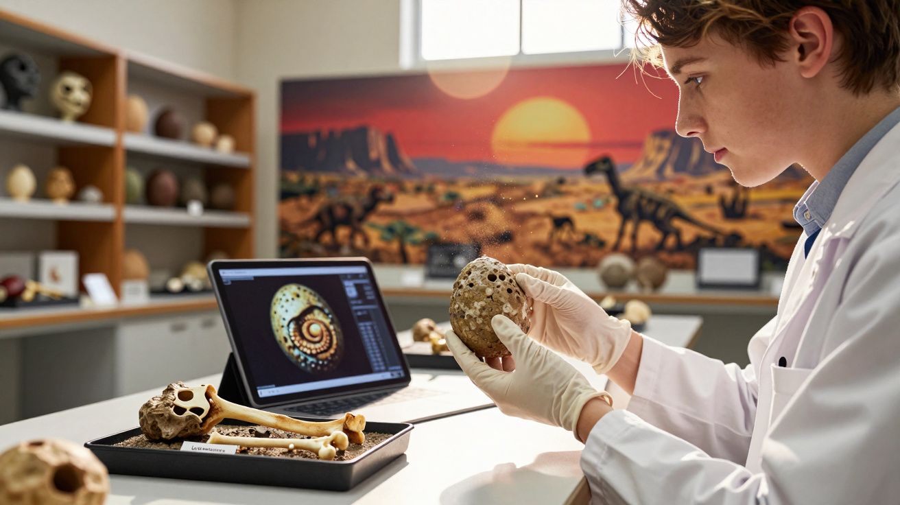 Cientista jovem analisa fóssil com luvas num laboratório decorado com imagens de dinossauros e crânios.
