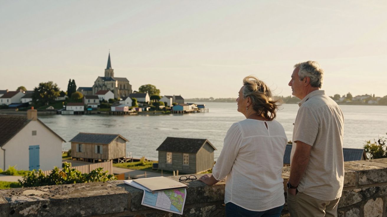 Casal sénior observa vila com igreja à beira de rio ao pôr do sol, com mapa sobre muro de pedra.