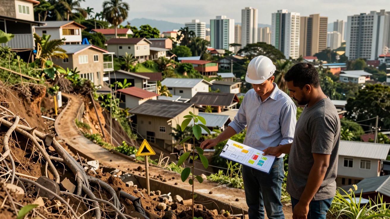 Engenheiro e trabalhador analisam plano numa encosta urbana com casas e arranha-céus ao fundo.