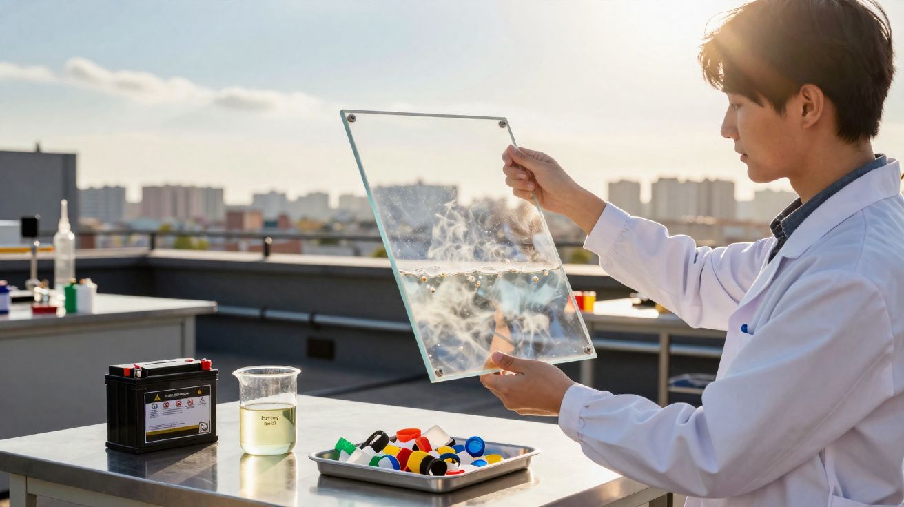 Cientista com bata branca segura painel transparente com vapor, com utensílios e bateria numa mesa exterior.
