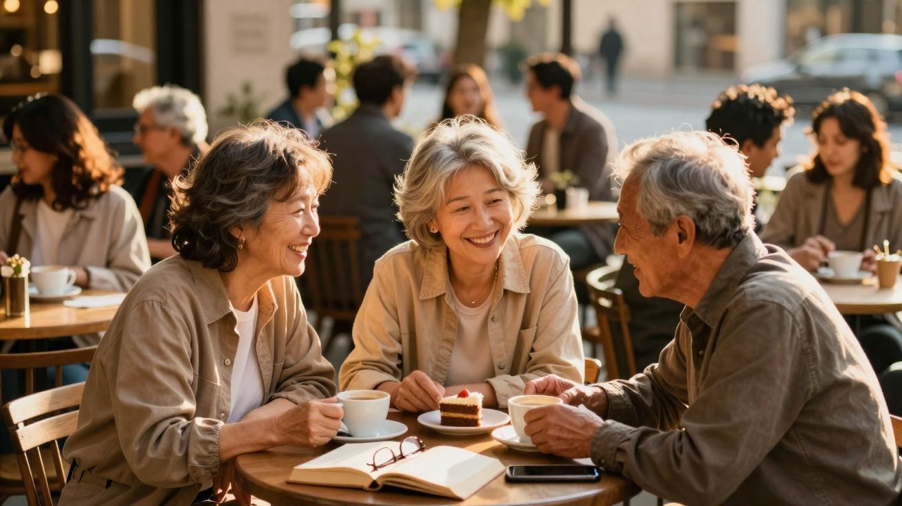 Três pessoas idosas sorridentes conversam e tomam café numa esplanada com bolo e livro na mesa.