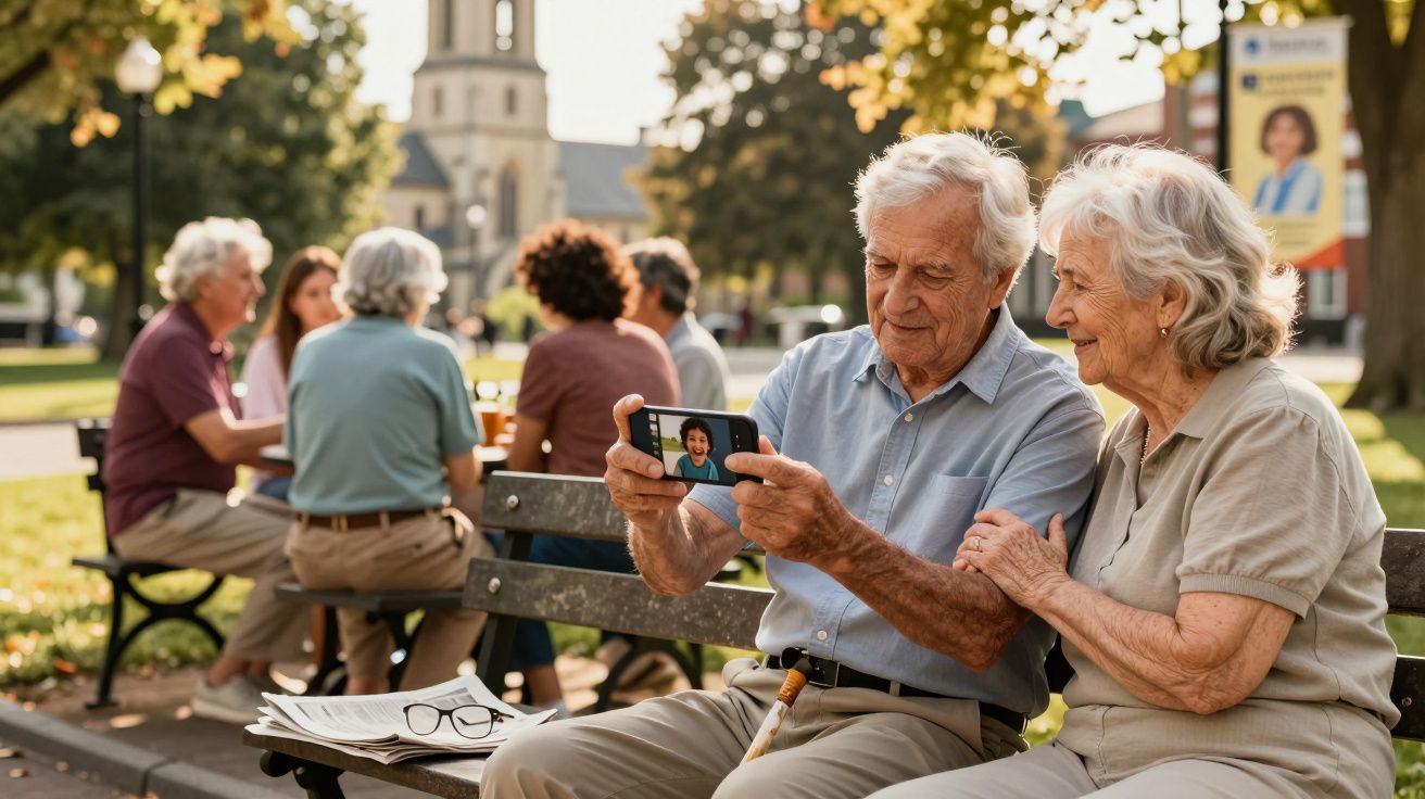 Casal idoso sentado num banco ao ar livre a fazer videochamada com smartphone, grupo de pessoas ao fundo.
