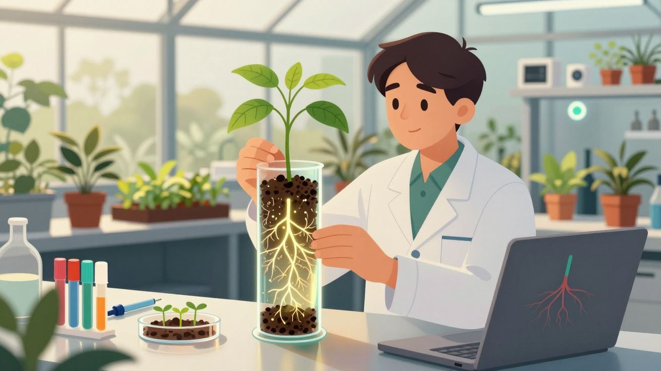 Cientista num laboratório a estudar as raízes de uma planta em tubo de vidro com solo e folhas verdes.