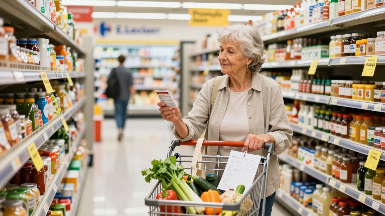 Idosa a fazer compras num supermercado com carrinho cheio de legumes e a consultar lista.