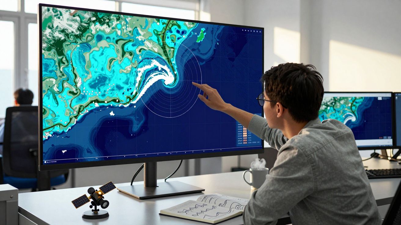 Pessoa a apontar para ecrã grande com mapa marítimo numa sala de escritório moderna.