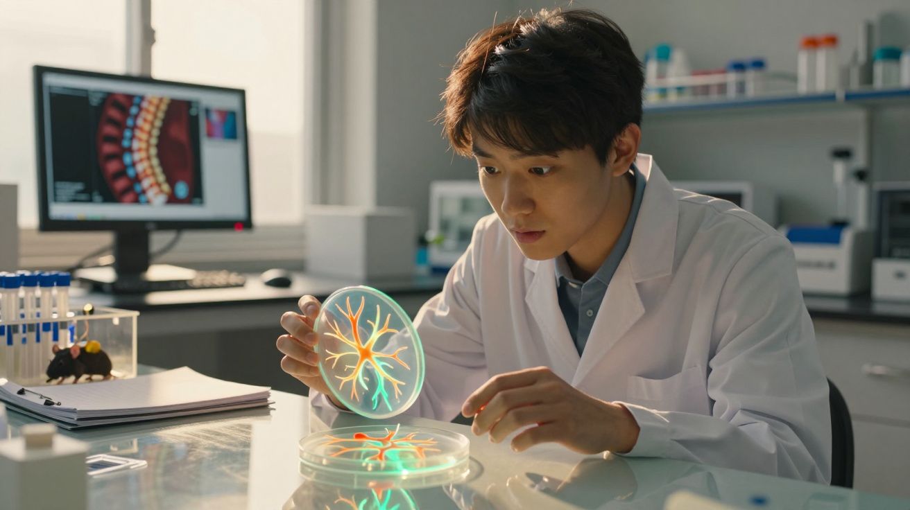 Cientista em laboratório a estudar um modelo luminoso de neurónio numa placa de Petri.