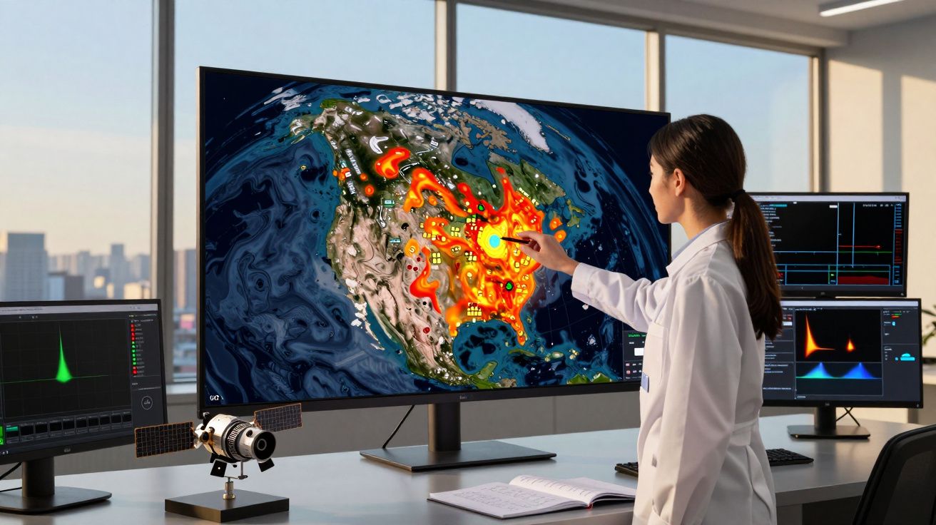 Cientista em laboratório analisa no ecrã grande mapa com zonas de calor e informações sísmicas.