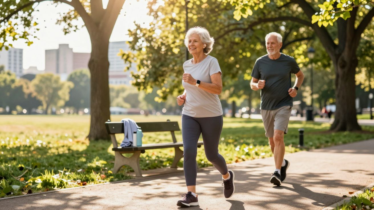 Casal sénior a fazer jogging num parque ensolarado com árvores e bancos ao fundo.