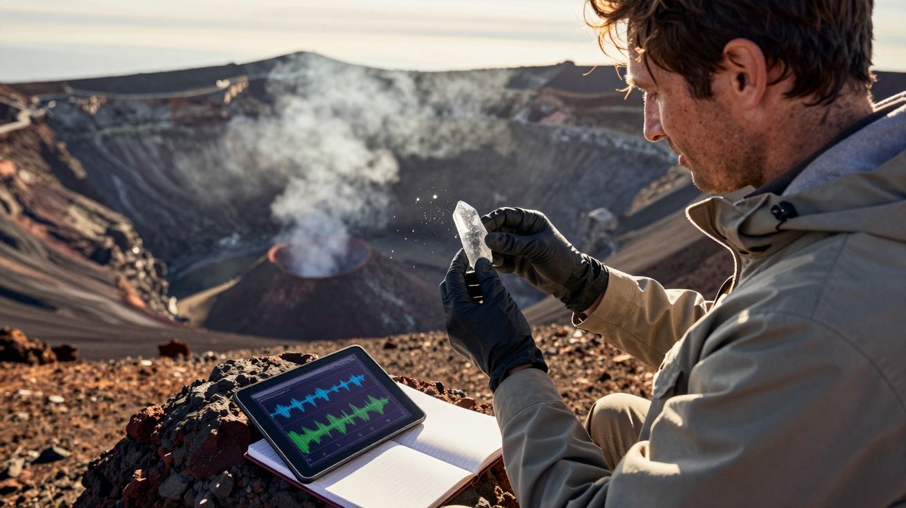 Cientista com luvas analisa amostra perto de um vulcão ativo, com tablet e caderno ao lado.