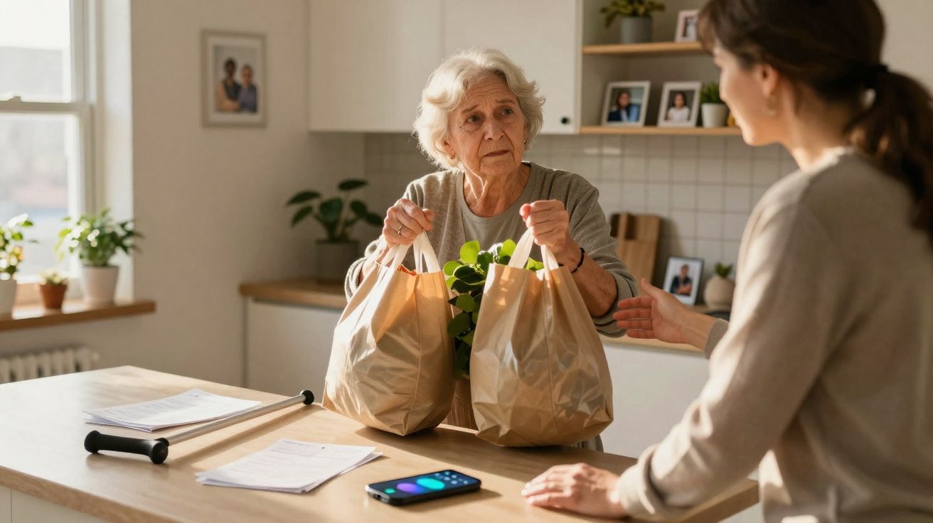 Idosa recebe sacos de compras de mulher numa cozinha bem iluminada.