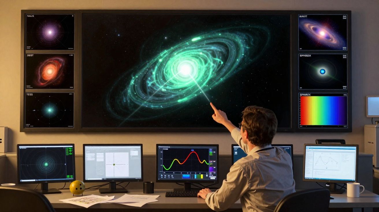 Cientista aponta para representação digital de uma galáxia num ecrã grande numa sala de controlo.