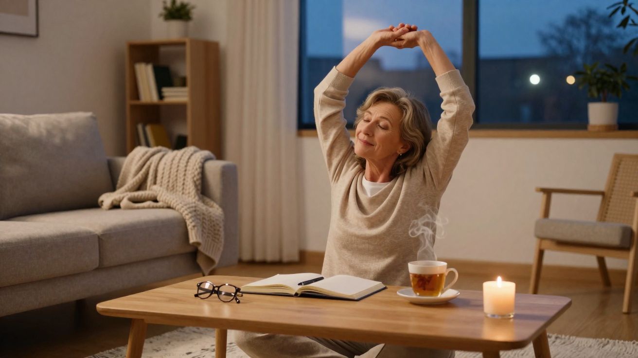 Mulher sentada numa sala acolhedora a alongar-se, com chá e vela acesa numa mesa baixa à frente.