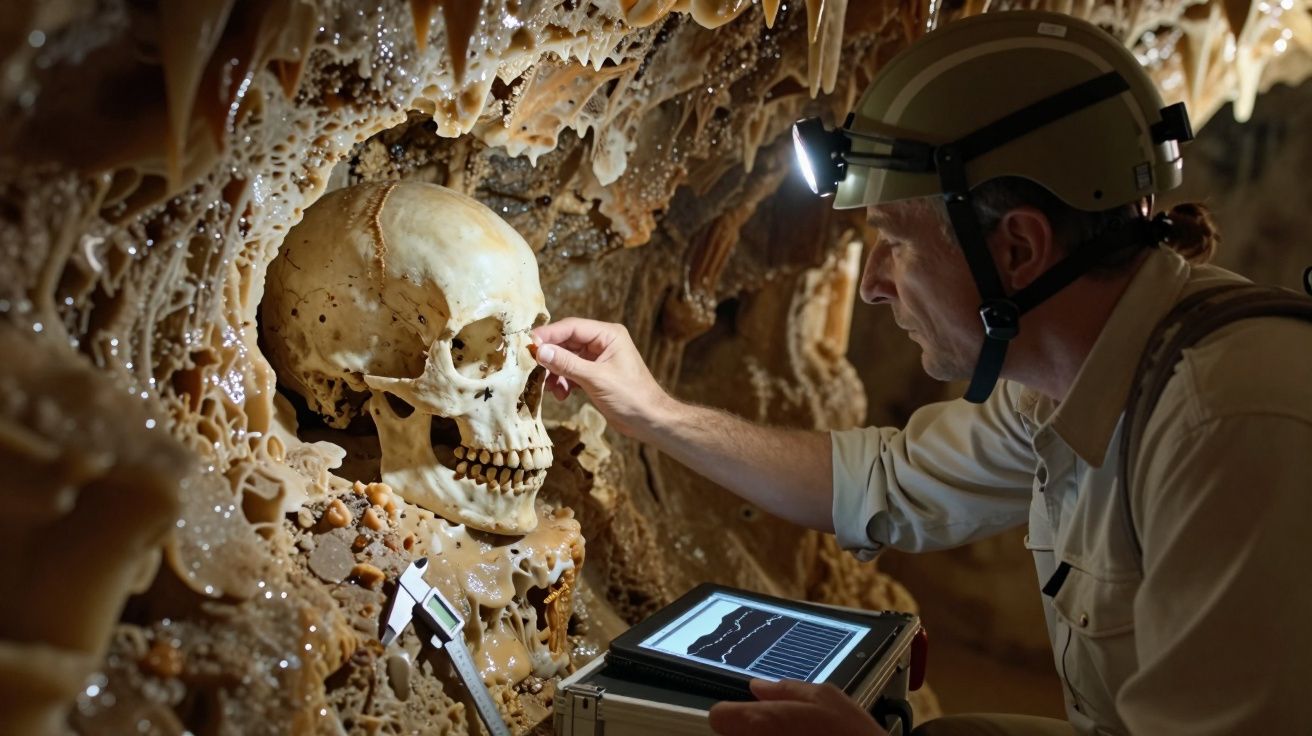 Espeleólogo examina um crânio humano fossilizado dentro de uma caverna com estalactites e equipamento de medição.