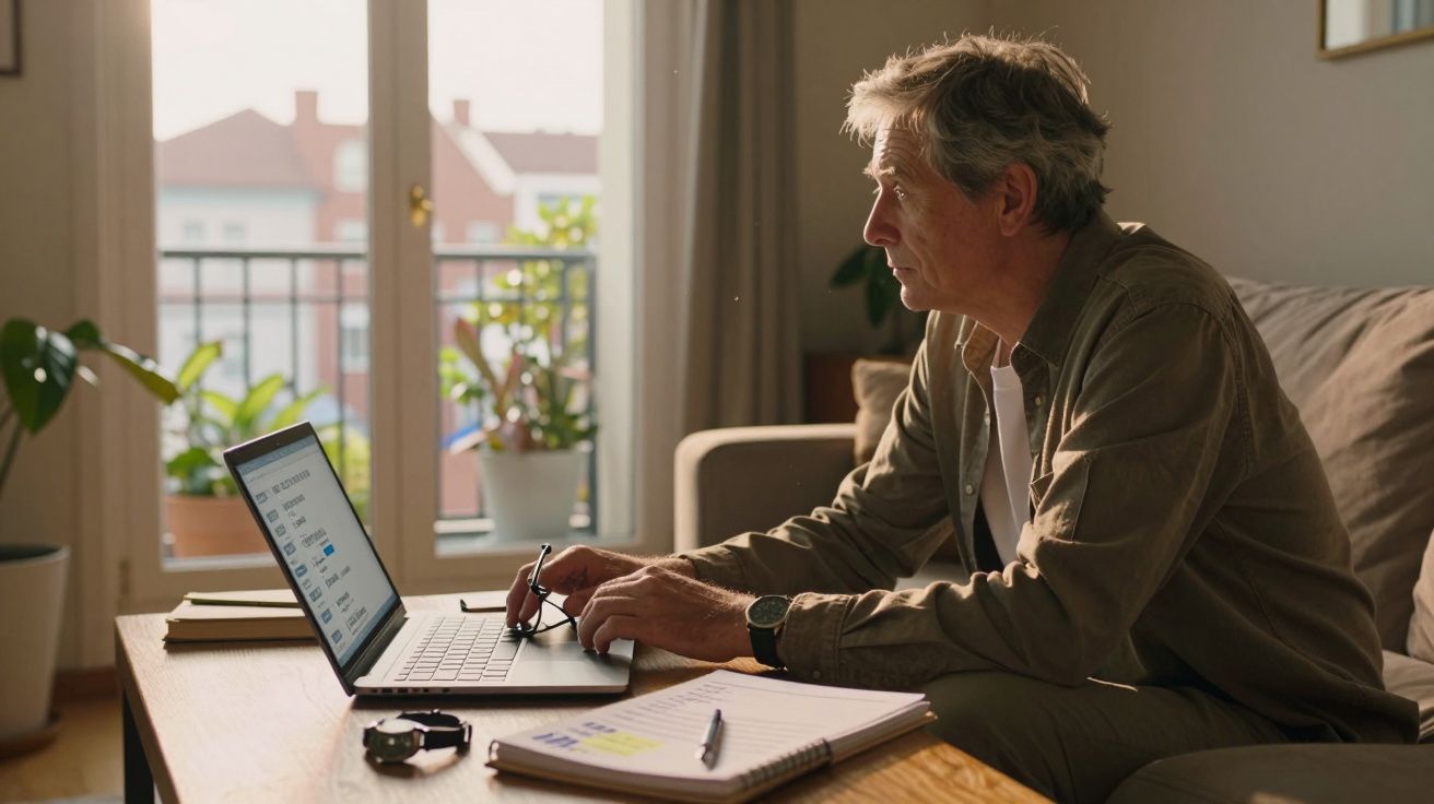 Homem sentado no sofá a trabalhar num computador portátil num ambiente doméstico iluminado.