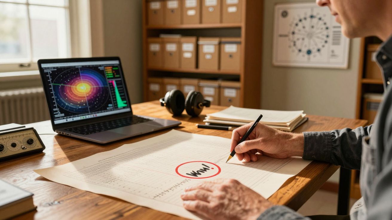 Pessoa a analisar dados científicos num gráfico enquanto trabalha num ambiente de escritório.