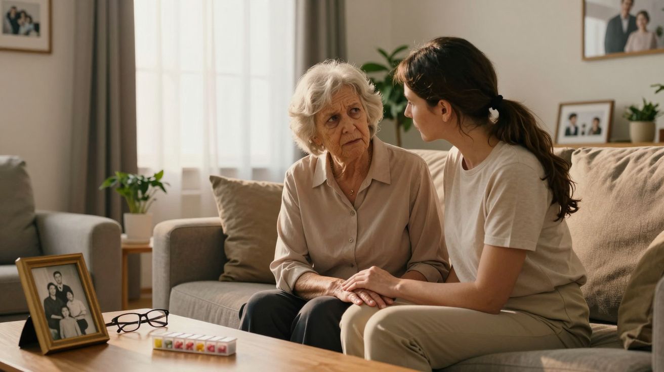 Idosa sentada no sofá, segurando as mãos de uma mulher mais jovem em conversa atenta e solidária.