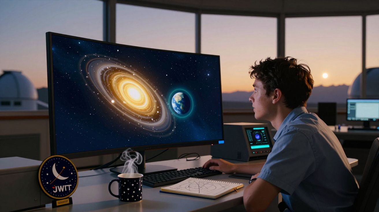 Jovem a estudar astronomia com imagem do sistema solar num ecrã grande ao pôr do sol.