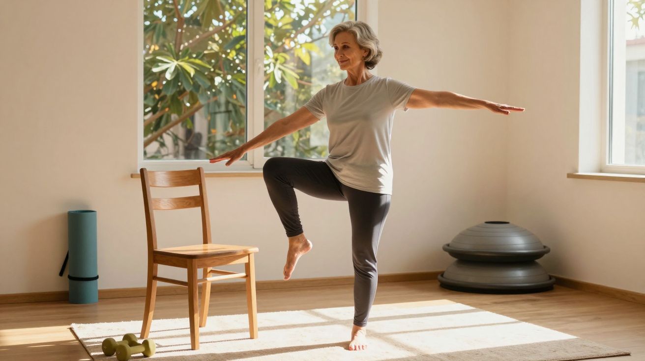 Mulher idosa a fazer exercício de equilíbrio em casa, usando cadeira para apoio, num ambiente iluminado.